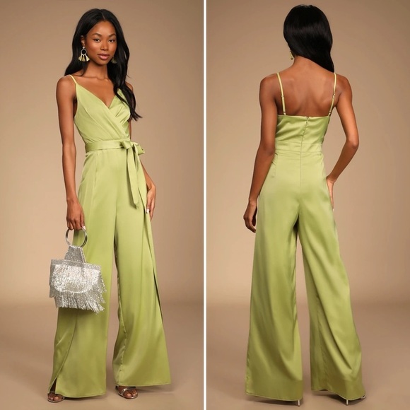 Lulus Classy Night Out Lime Green Satin Slit Leg Jumpsuit XL cocktail event - Picture 1 of 13